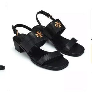 Brand New Tory Burch Women Sz US 8 Mini Everly Heeled Sandal Black/ Gold 60222